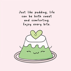 A cute digital illustration of a cute pudding, accompanied by an uplifting message about resilience and support, the image features a pastel pink background and hand-drawn text.