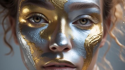Close-up portrait with metallic paint and shimmering abstract textures