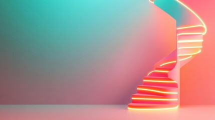 A glowing neon spiral staircase representing progressive corporate scaling