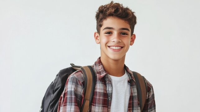 happy teenager boy with backpack smiling
