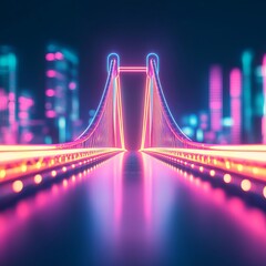 Obraz premium A neon bridge connecting two futuristic cities, representing cross-border business collaboration