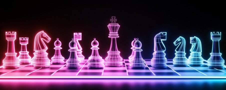 A neon chessboard with corporate strategy pieces moving toward global dominance