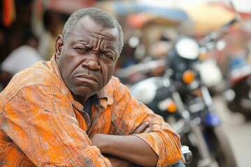 Obraz premium Man with serious expression sits in busy marketplace, surrounded by motorcycles in bright, vibrant atmosphere