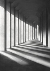 Fototapeta premium Black and white photograph of a long corridor with multiple columns on either side. the columns are arranged in a straight line, creating a sense of depth and dimension.