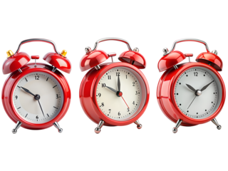 Three alarm clocks, a Set of red remainder clock collections isolated