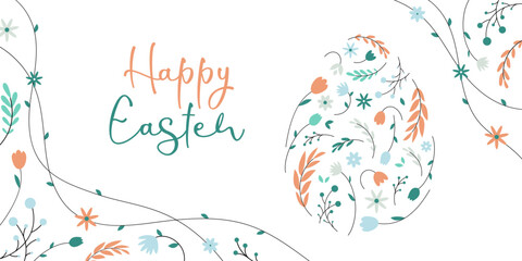 Happy Easter. Decorative egg with intricate flowers and leaves. Celebration poster, banner, greeting card. Vector illustration