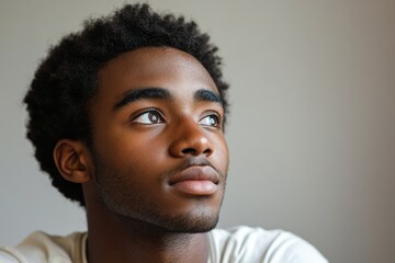 Obraz premium Young man reflecting thoughtfully while looking out a window in a softly lit room during daytime