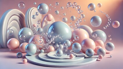 Glossy 3D-rendered bubbles floating in a soft pastel environment. Dreamy and futuristic atmosphere with a minimalist touch. Perfect for backgrounds, digital art, and modern design concepts.

