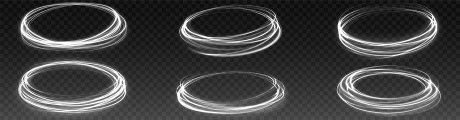 Dynamic white light swirls, high-speed glowing circular motion, transparent background, realistic energy rings, mystical aura, futuristic magic effect, digital spiral light composition, neon glow