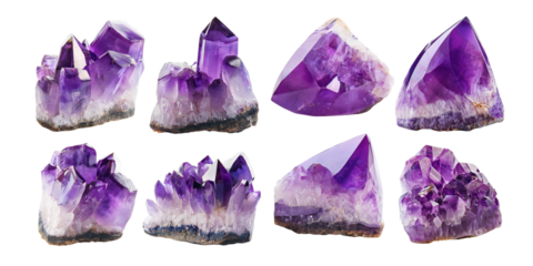 Assorted Amethyst Crystal Clusters on White Background for Sale