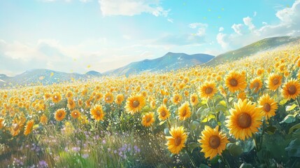 Fototapeta premium Sunflowers Field in Mountain Landscape: A Serene Summer Day
