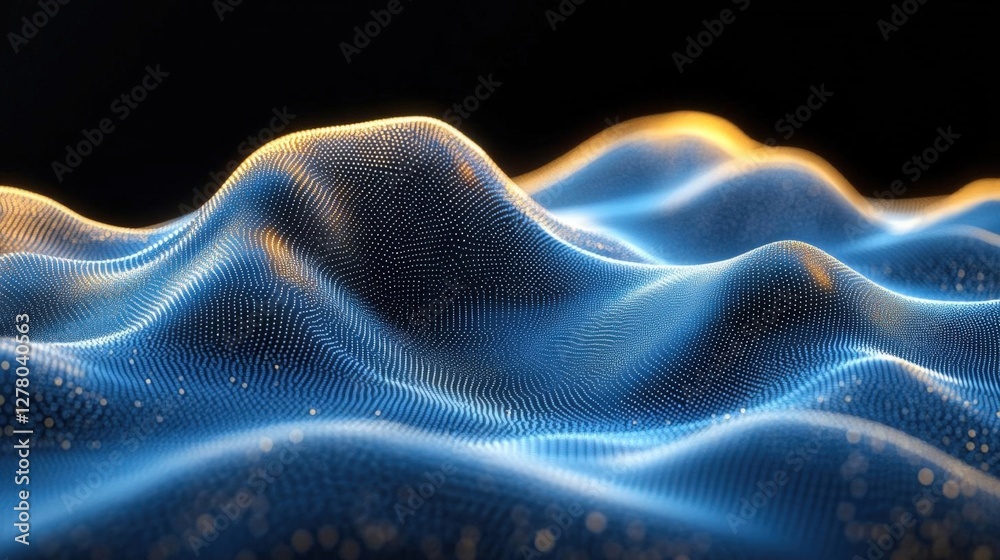 Poster abstract data network with golden particle waves on dark background illustrative rendering