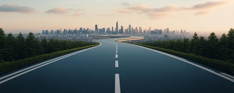 A winding road leading to a futuristic megacity, symbolizing a long-term business expansion journey