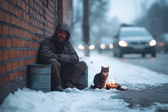 Homeless man with cat on winter street