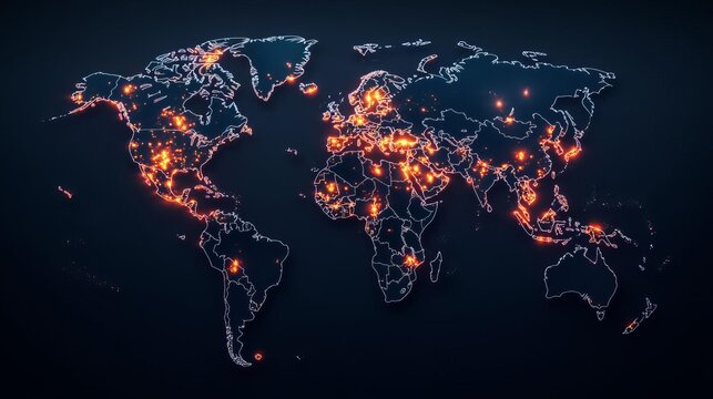 Fototapeta A world map with glowing economic hotspots, indicating business opportunities