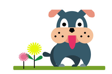 Cute cartoon dog with flowers on a green farm