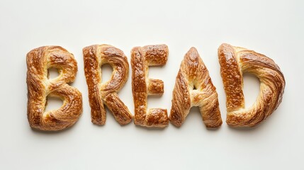 Creative croissant typography spelling 'bread' in crispy golden letters on white background