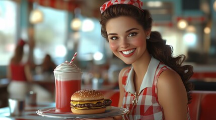 A waitress is offering a burger and milkshake at a diner