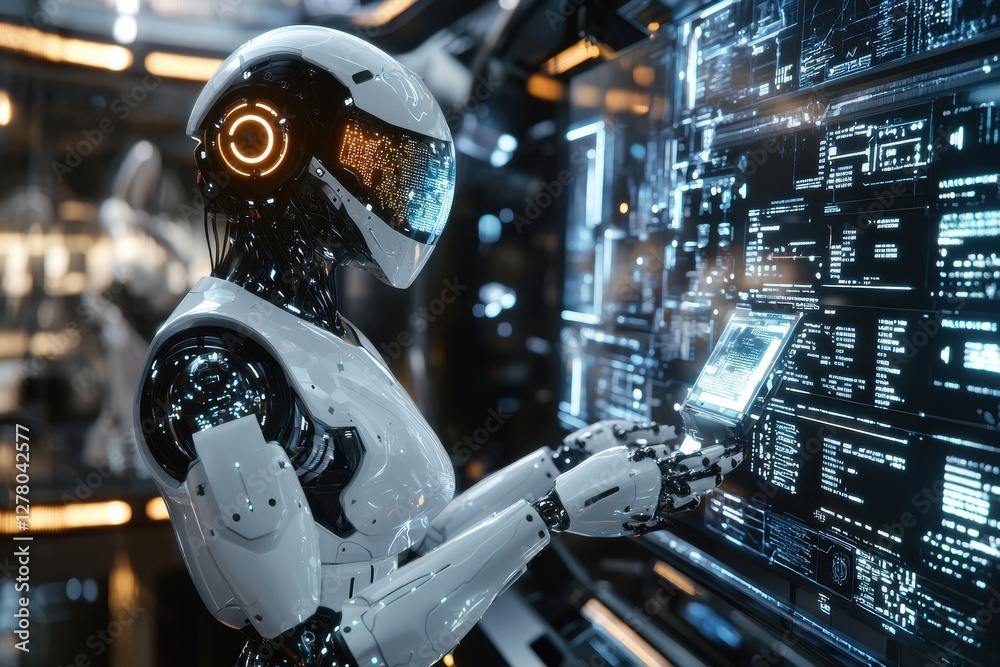 Poster a sophisticated humanoid robot interacting with an advanced digital interface displaying complex dat