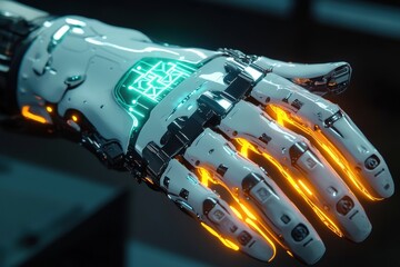 Naklejka premium A detailed close-up of a futuristic robotic hand showcasing advanced technology and intricate design with illuminated elements, symbolizing innovation and progress.