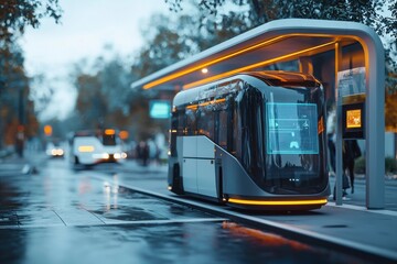 Sleek autonomous electric shuttle bus at modern bus stop, reflecting advanced public transportation, sustainable urban mobility, and futuristic transit solutions for the city.