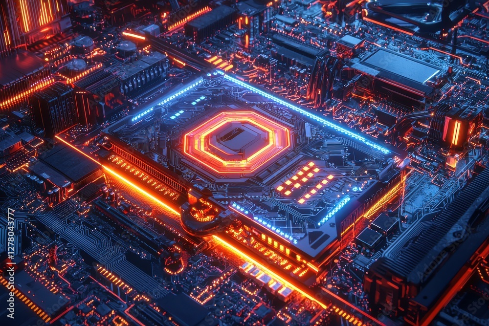 Poster detailed view of a high-tech computer motherboard with illuminated circuits and components, showcasi