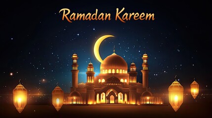 Majestic mosque illuminated at night with crescent moon and lant