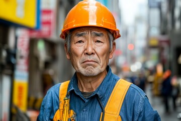 Man in orange hard hat and work uniform expresses concern in busy urban environment during daylight hours