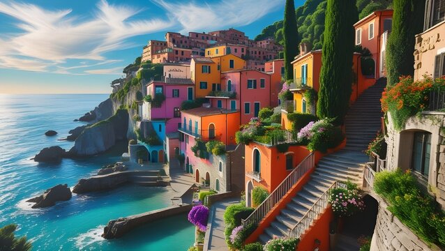 Colorful Coastal Village at Sunrise: A Breathtaking View