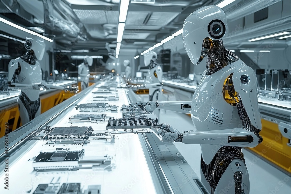 Poster robots precisely assembling computer components on a production line in a futuristic factory, reflec