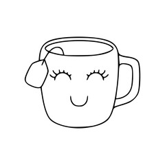 a black and white drawing of a cartoon teacup with smiling face