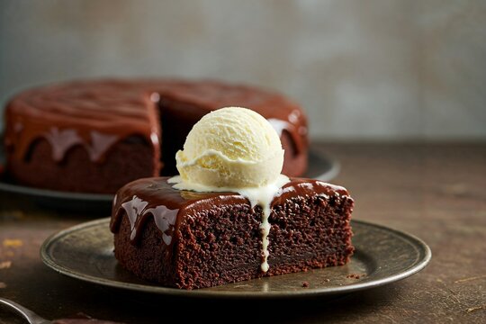 Slice of rich chocolate cake with chocolate frosting and a scoop of vanilla ice cream.