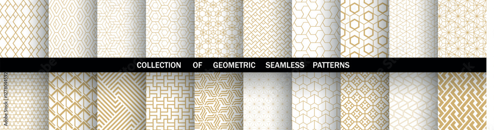 Poster Geometric set of seamless golden and white patterns. Simple vector graphics