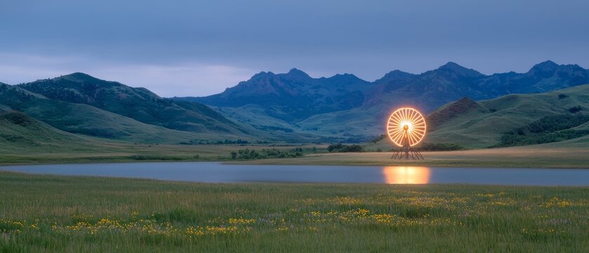 Majestic Ferris Wheel Illuminated in Serene Mountain Landscape at Dusk