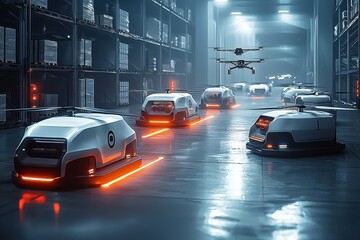 A futuristic warehouse scene featuring automated guided vehicles and drones, showcasing advanced logistics and robotic systems for efficient inventory management and delivery solutions.