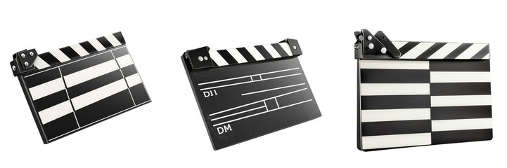 Obraz premium A collection of three film clappers, showcasing distinctive black and white patterns, typically used in movie production.