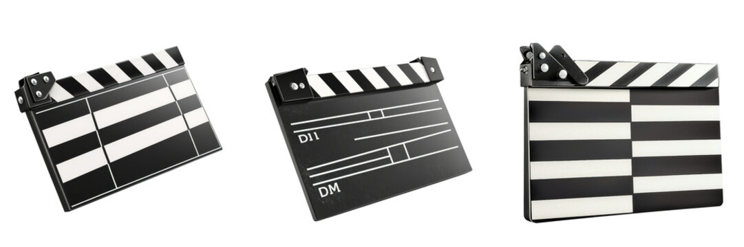 A collection of three film clappers, showcasing distinctive black and white patterns, typically used in movie production.