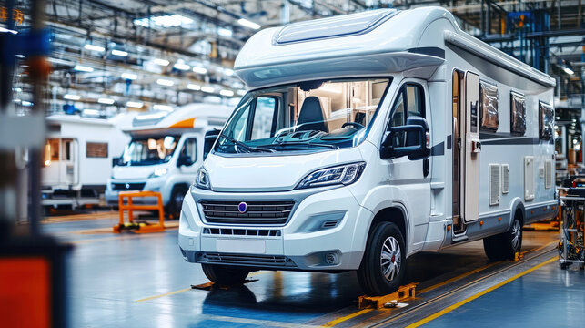 Modern motorhome showcased in a manufacturing facility during daytime operations