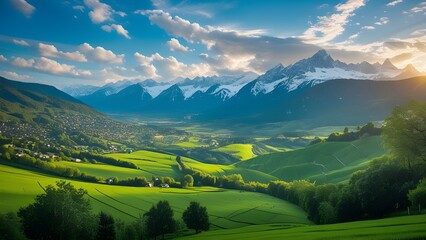 Fototapeta premium Serene Mountain Valley at Sunset: Verdant Fields and Snow-Capped Peaks