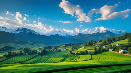 Fototapeta premium Serene Mountain Valley Landscape with Lush Green Fields