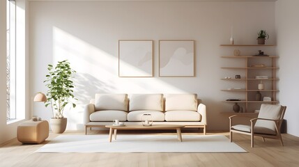 Bright and airy minimalist living room with neutral color palette and natural lighting creating a serene and tranquil atmosphere
