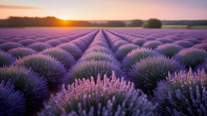 Fototapeta premium Lavender Field Sunset: Rows of Purple Blooms at Golden Hour