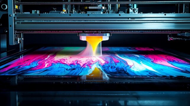 Large format printer printing vibrant abstract artwork.