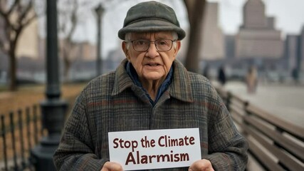 Elderly Man in Park Holding Sign Against Climate Alarmism: A Call for Rational Discussion on Environmental Concerns