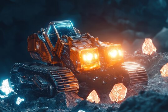 Futuristic mining excavator vehicle working in a dark alien environment, extracting glowing crystals in a science fiction, artificial intelligence, heavy machinery concept.