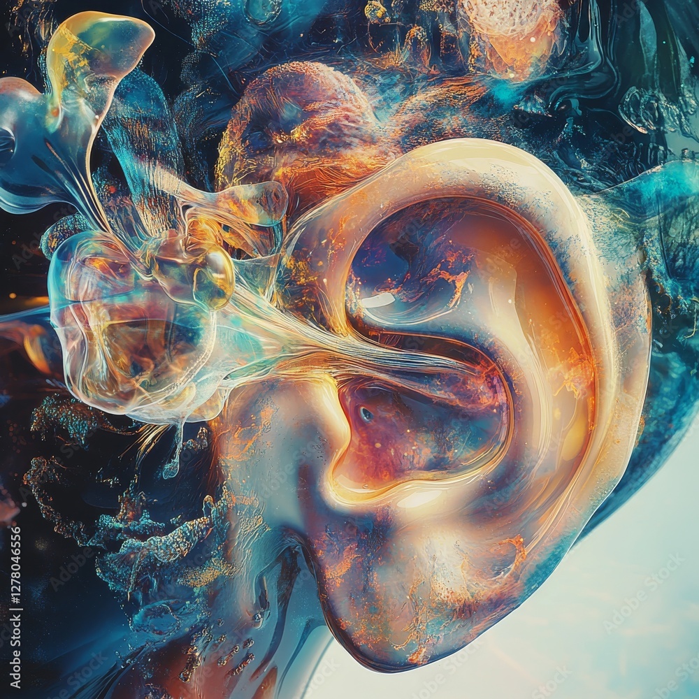 Poster Abstract Auditory: An Ethereal Ear in Liquid Light and Shadow, Exploring the Depths of Hearing in an Artistic Rendering