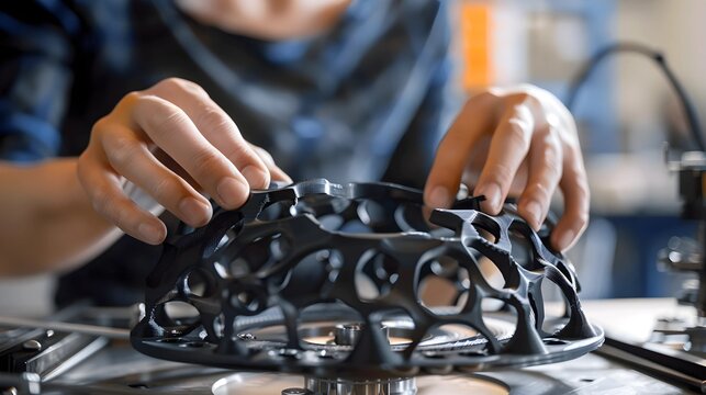 Close-up of engineering students' hands adjusting the 3D printer as it prints an intricate prototype of a mechanical design.

