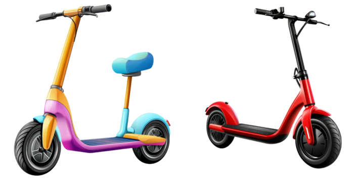 Two colorful scooters showcasing distinct designs; one has a seat, while the other features a sleek, modern look.