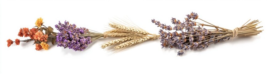 Dried flowers, wheat, arrangement, white background, website header
