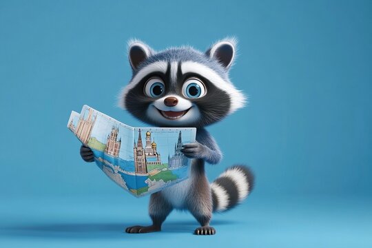 Adorable Raccoon Studies City Map, Plans Exciting Adventure, Carefully Reviews Landmarks Enthusiastically